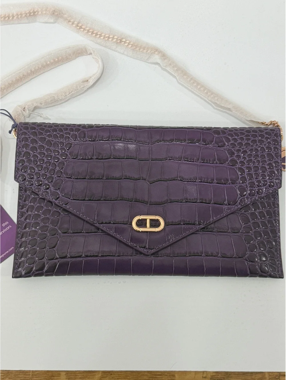 New Kerry Washington Dee Ocleppo Purple Purse Crocodile Embossed Clutch Bag NWT